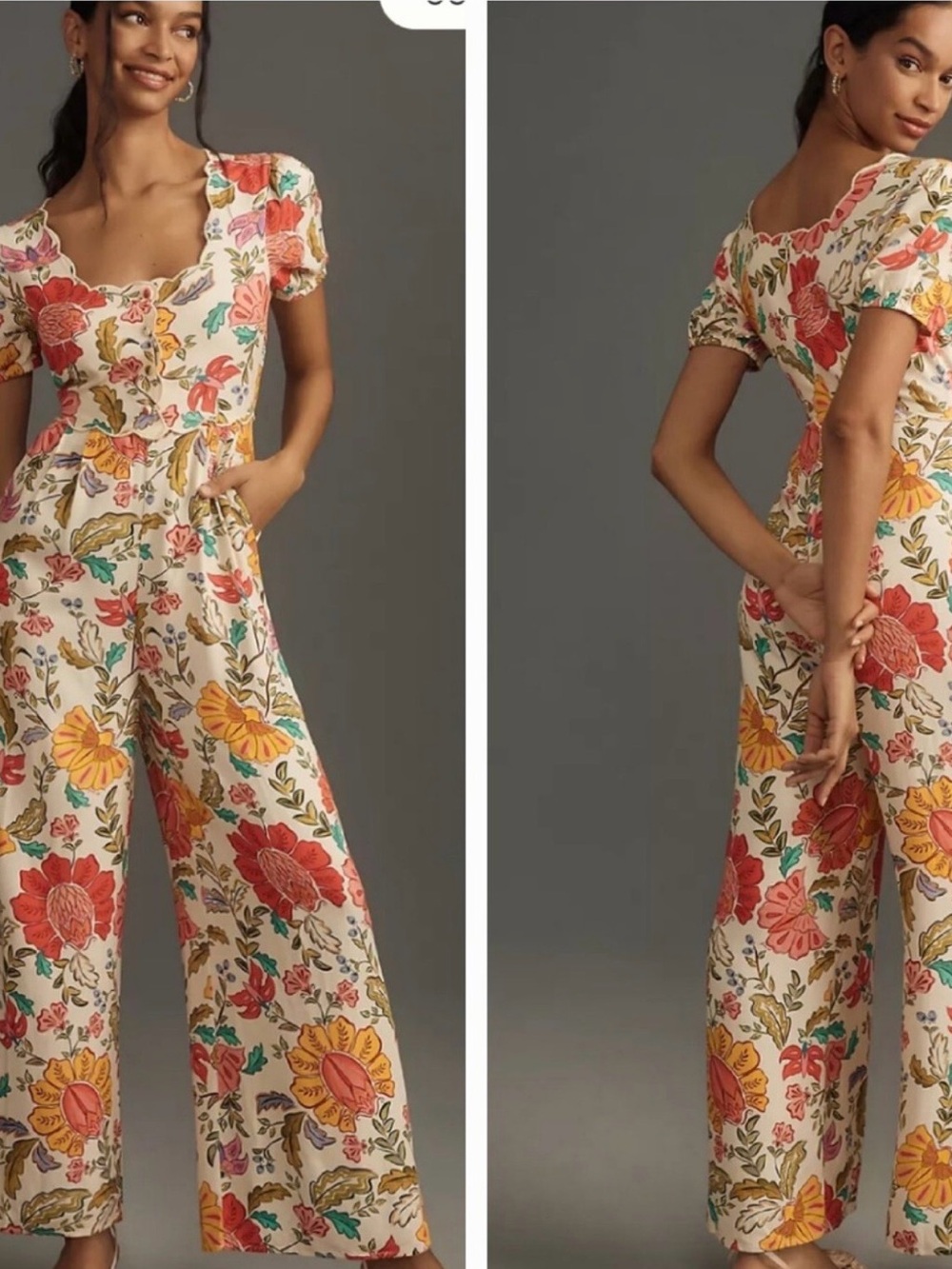 FARM Rio Cream Maxi Jumpsuit with Orange, Yellow & Pink Floral Print